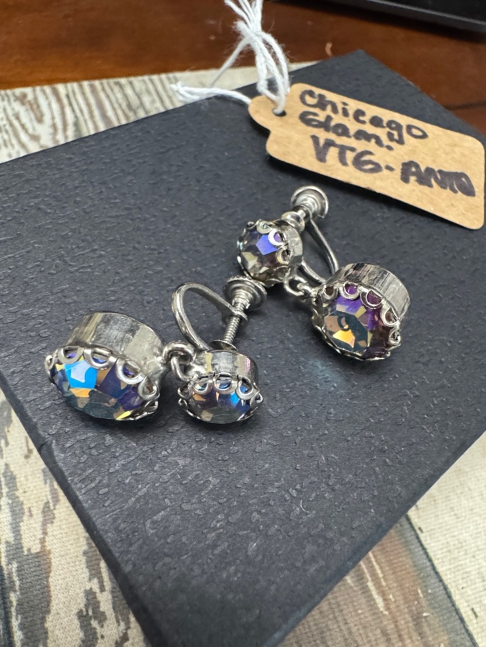 Antique Aurora Borealis Crystal Drop Dangle Earrings Iridescent Blue Screwback